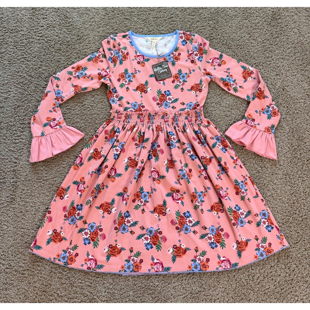 Matilda Jane Girls Pink Floral Smocked Dress Long Sleeve Ruffle Size 14 28011D